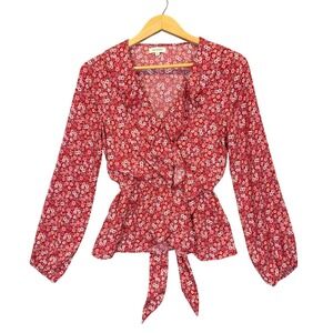Max Studio Floral Wrap Peplum Top Womens Ruffle Long Sleeve Small Red Pink
